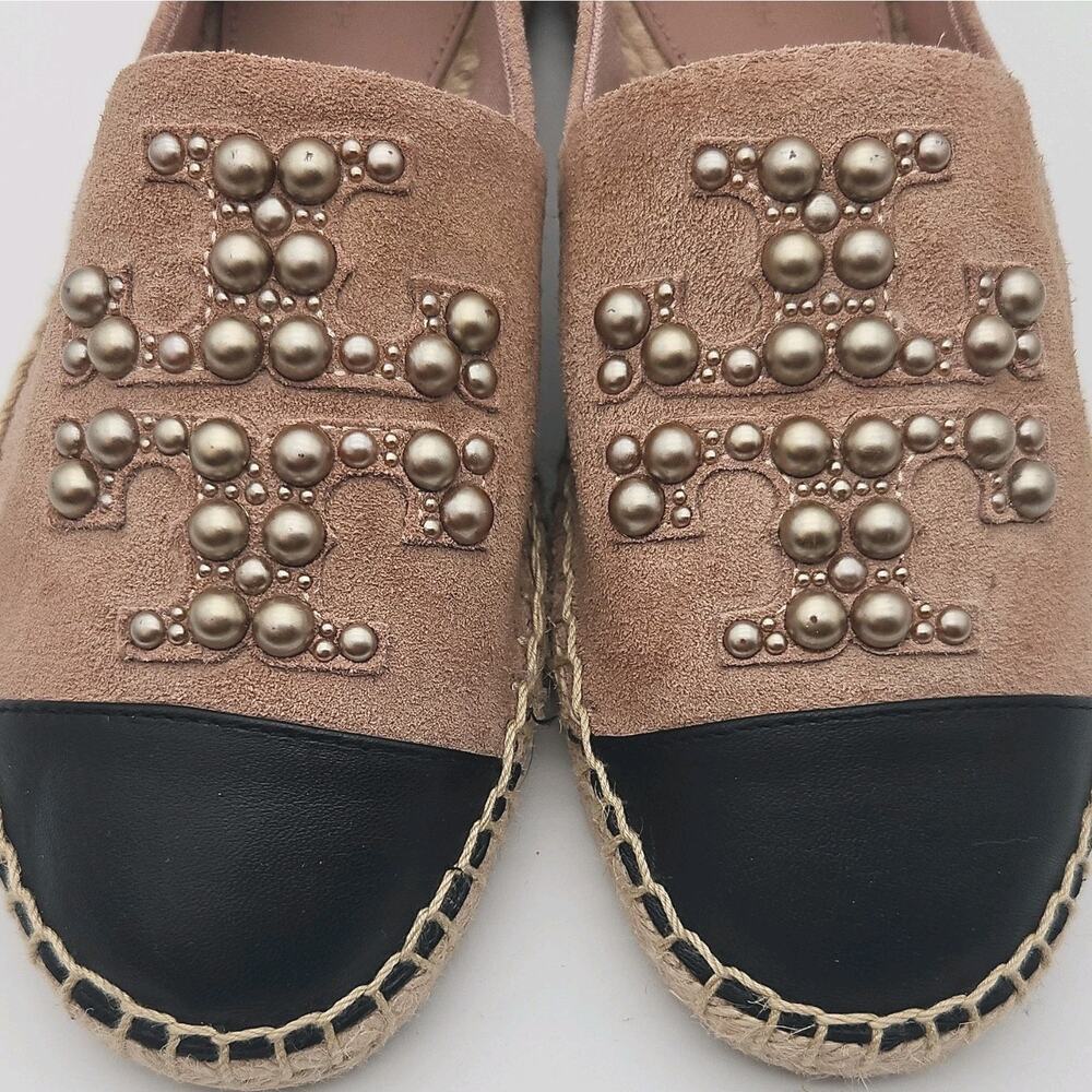 Tory Burch Pearl Logo Flat Espadrilles Pink Suede Black Leather Cap Toe size 6 - Picture 4 of 8